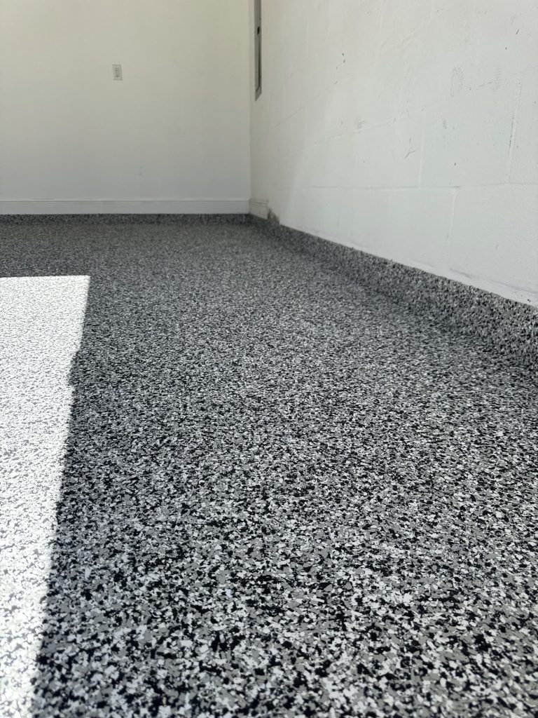 Gray and black flake garage floor coating