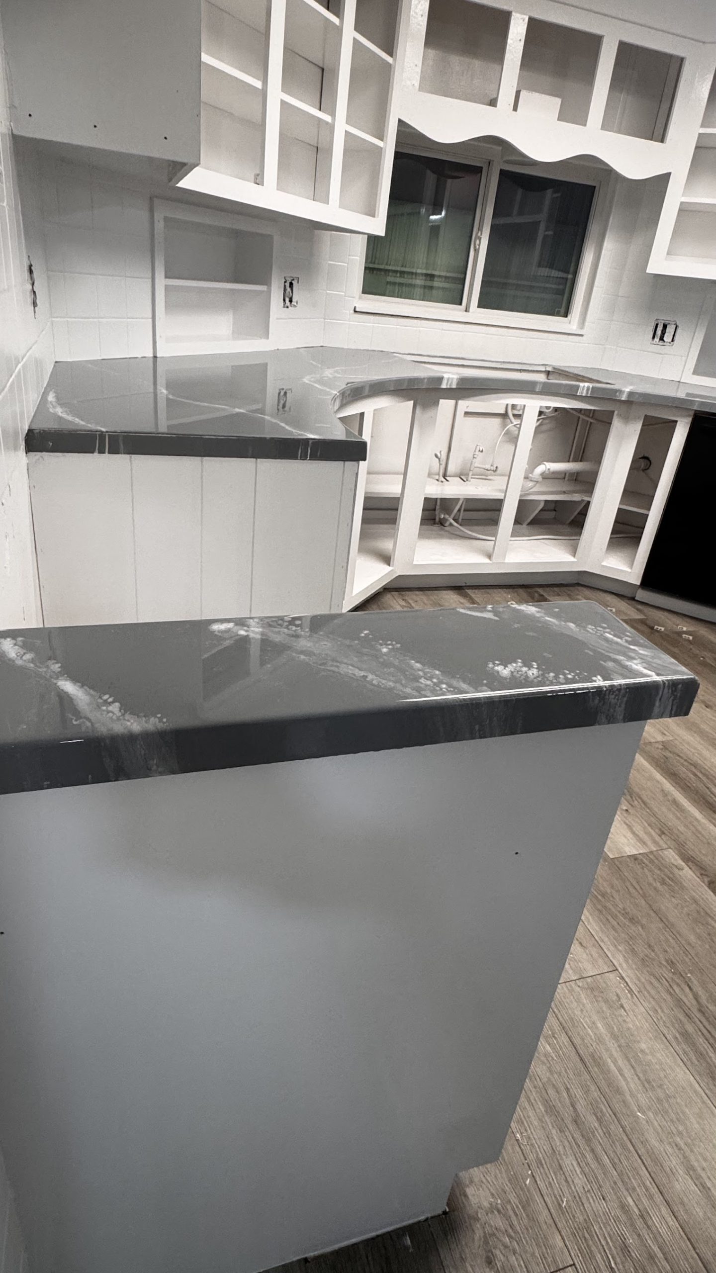 Gray marbled epoxy kitchen countertop resurfacing with island, Tampa Bay FL